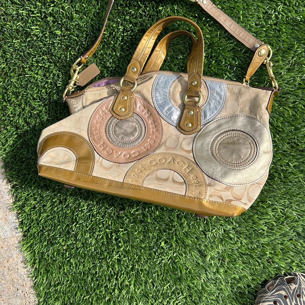Coach Beige And Gold Signature Satchel